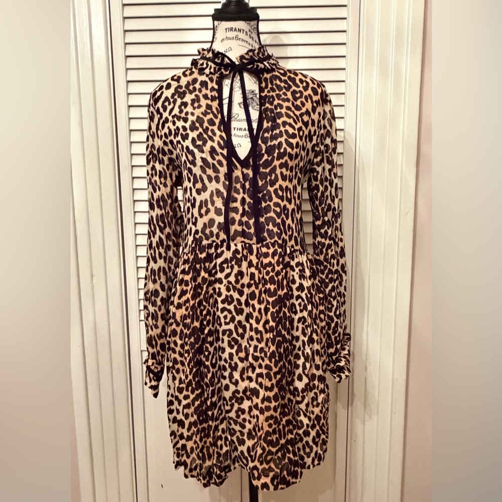 Ganni Black and Tan Leopard Print Dress